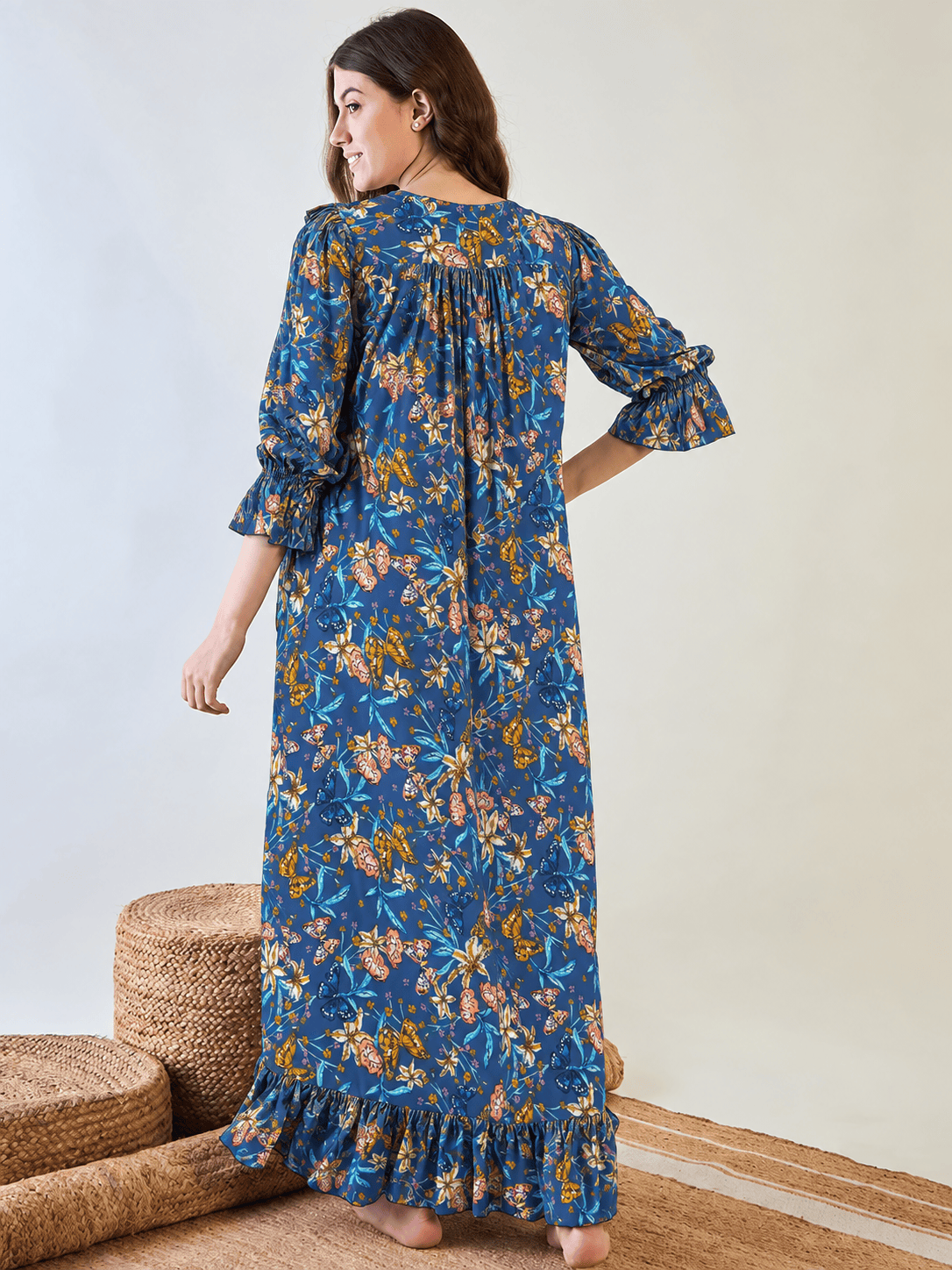 The Kaftan Company Nightdress Blue Floral and Butterfly Print Viscose Nightdress with Frill Hem