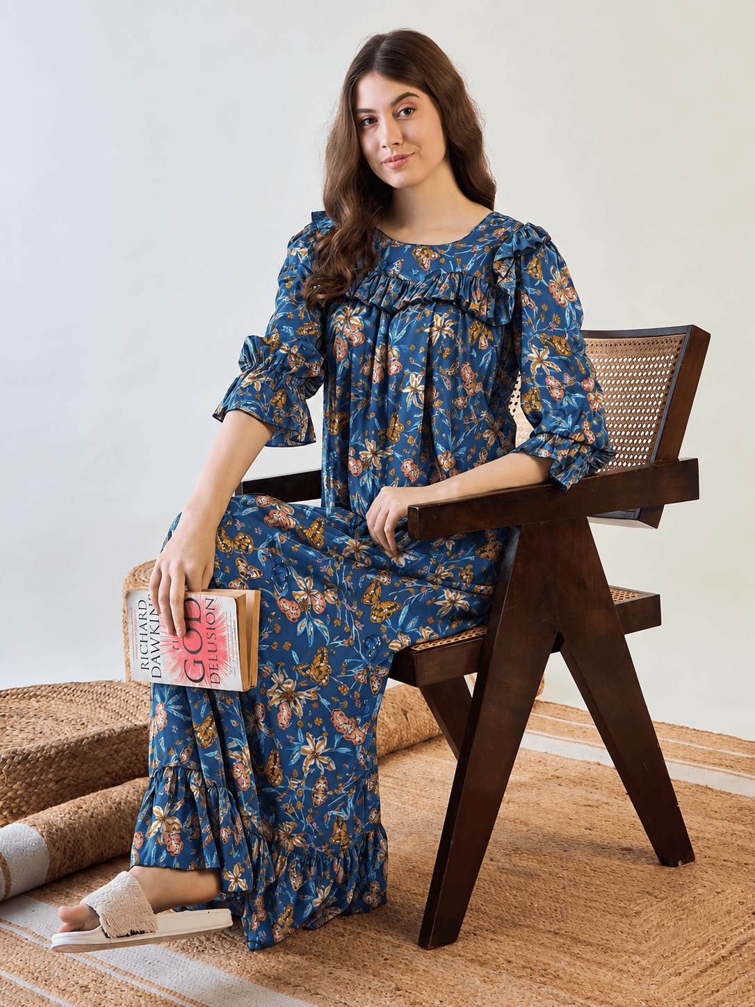 The Kaftan Company Nightdress Blue Floral and Butterfly Print Viscose Nightdress with Frill Hem
