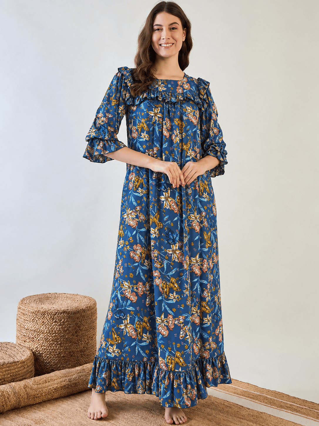 The Kaftan Company Nightdress Blue Floral and Butterfly Print Viscose Nightdress with Frill Hem
