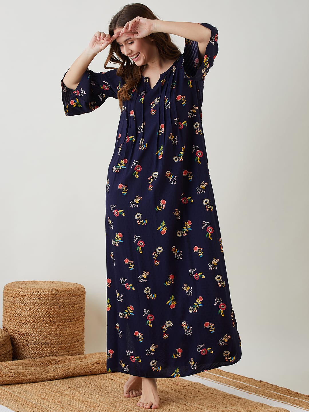 The Kaftan Company Nightdress Blue Floral Printed Nighty