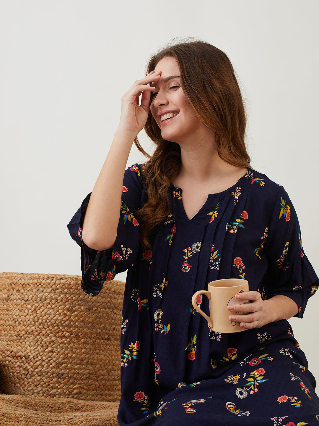 The Kaftan Company Nightdress Blue Floral Printed Nighty