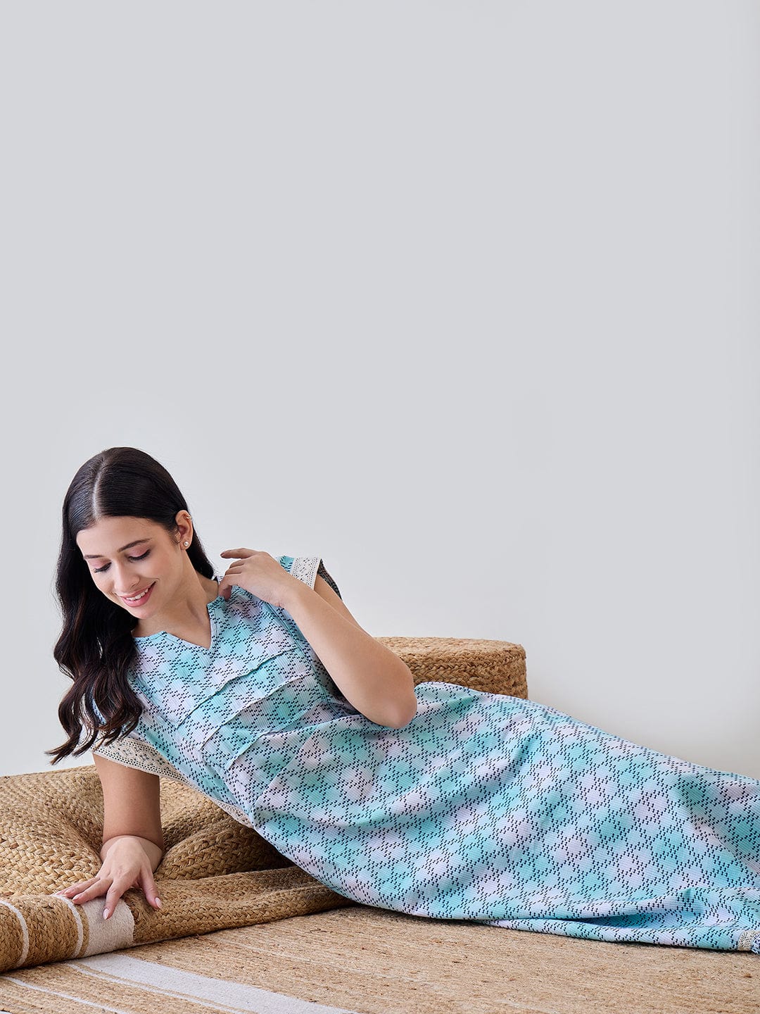 The Kaftan Company Nightdress Blue Hatch Stitch Cotton Night Dress