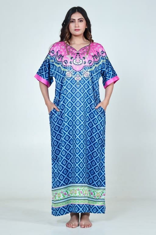 The Kaftan Company Nightdress Blue & Pink Printed Satin Nightdress with Pockets