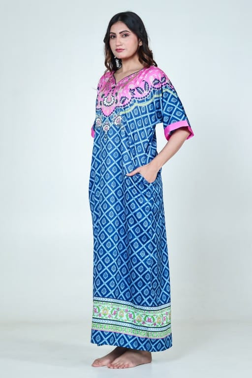 The Kaftan Company Nightdress Blue & Pink Printed Satin Nightdress with Pockets