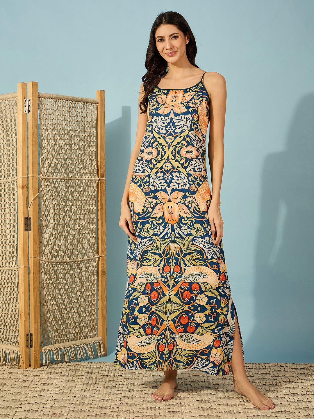 The Kaftan Company Nightdress Blue Super Soft Vintage Floral Slip Nightdress