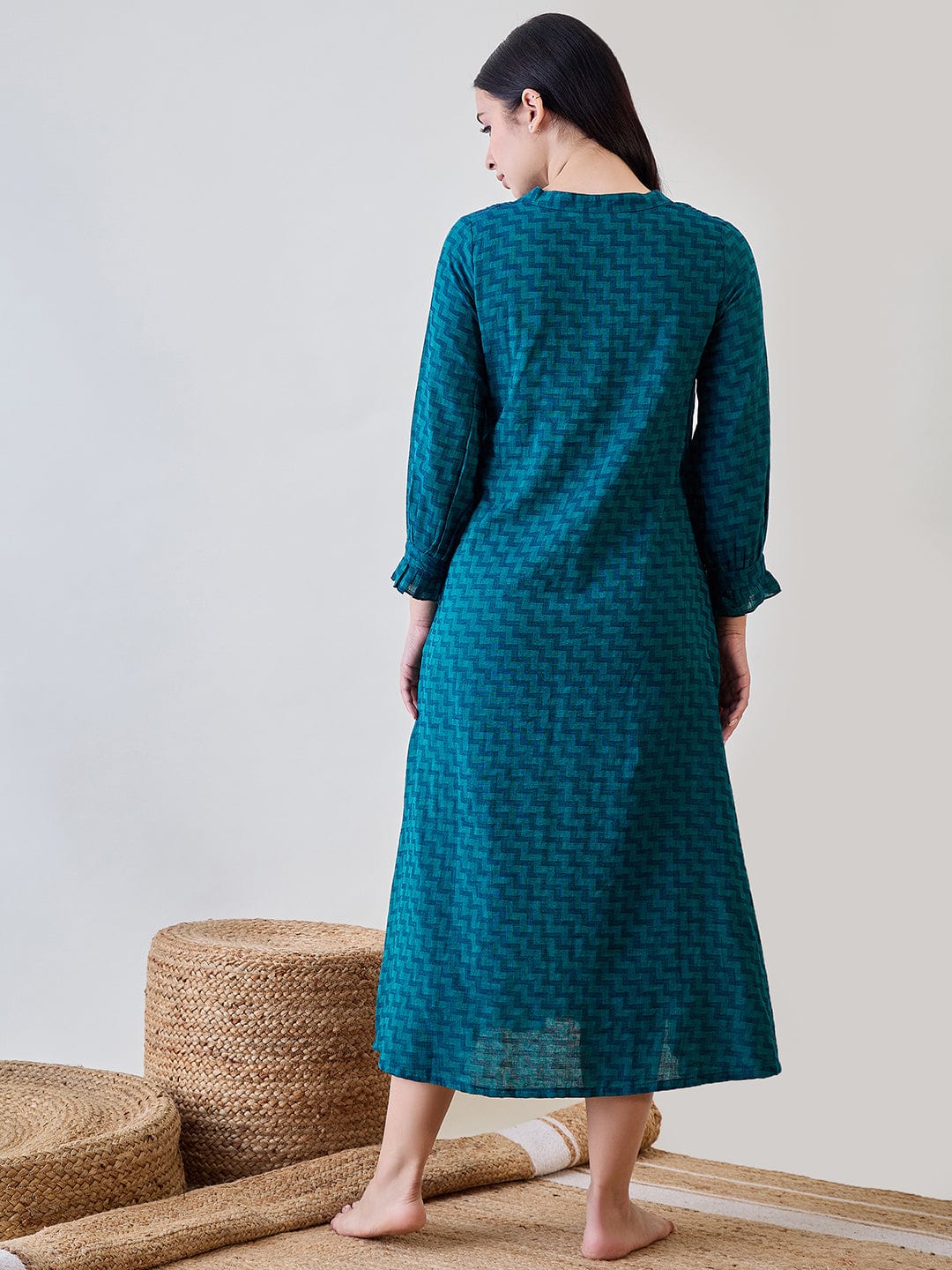 The Kaftan Company Nightdress Blue Zig Zag Printed Cotton Night Dress