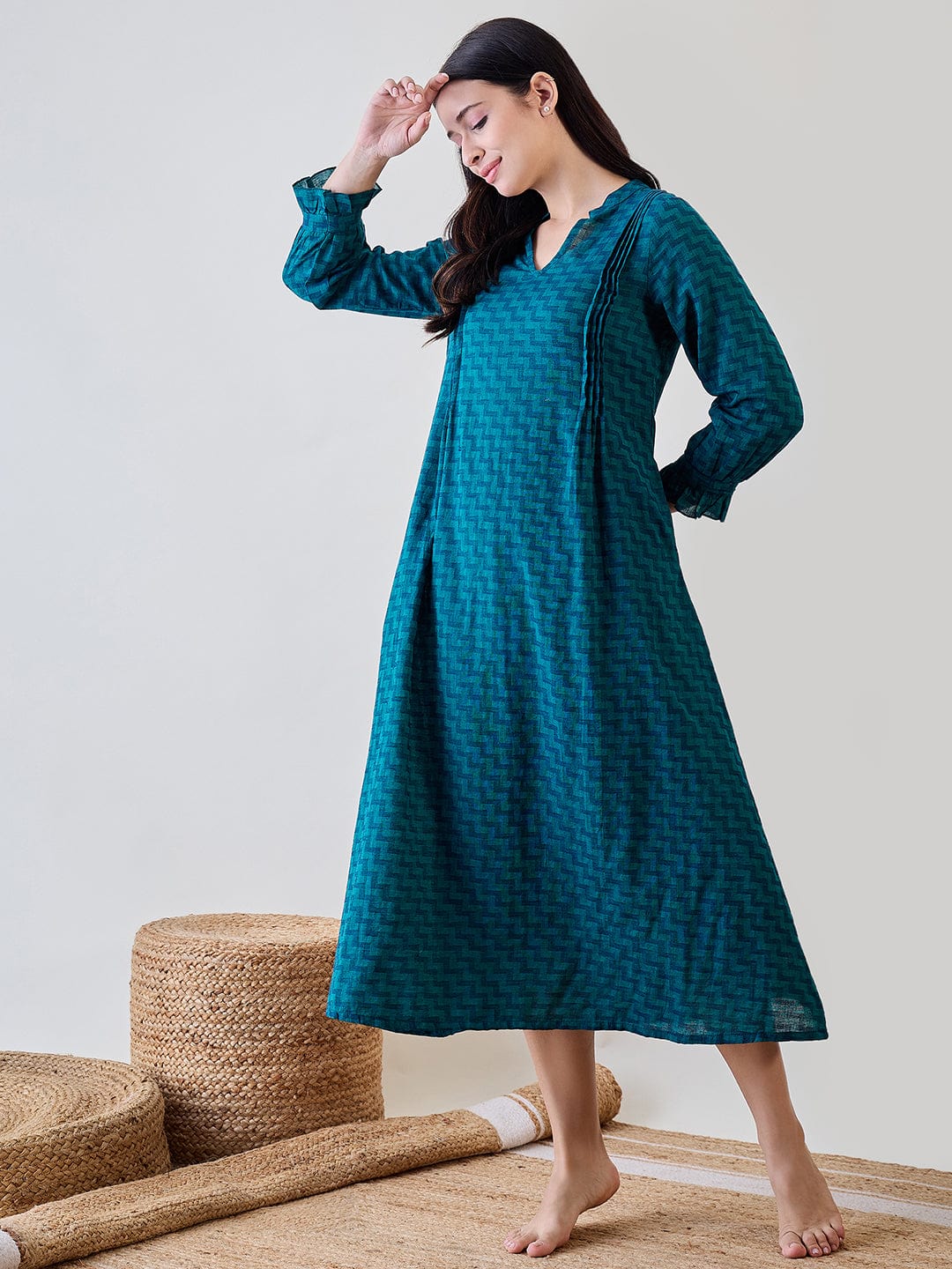 The Kaftan Company Nightdress Blue Zig Zag Printed Cotton Night Dress