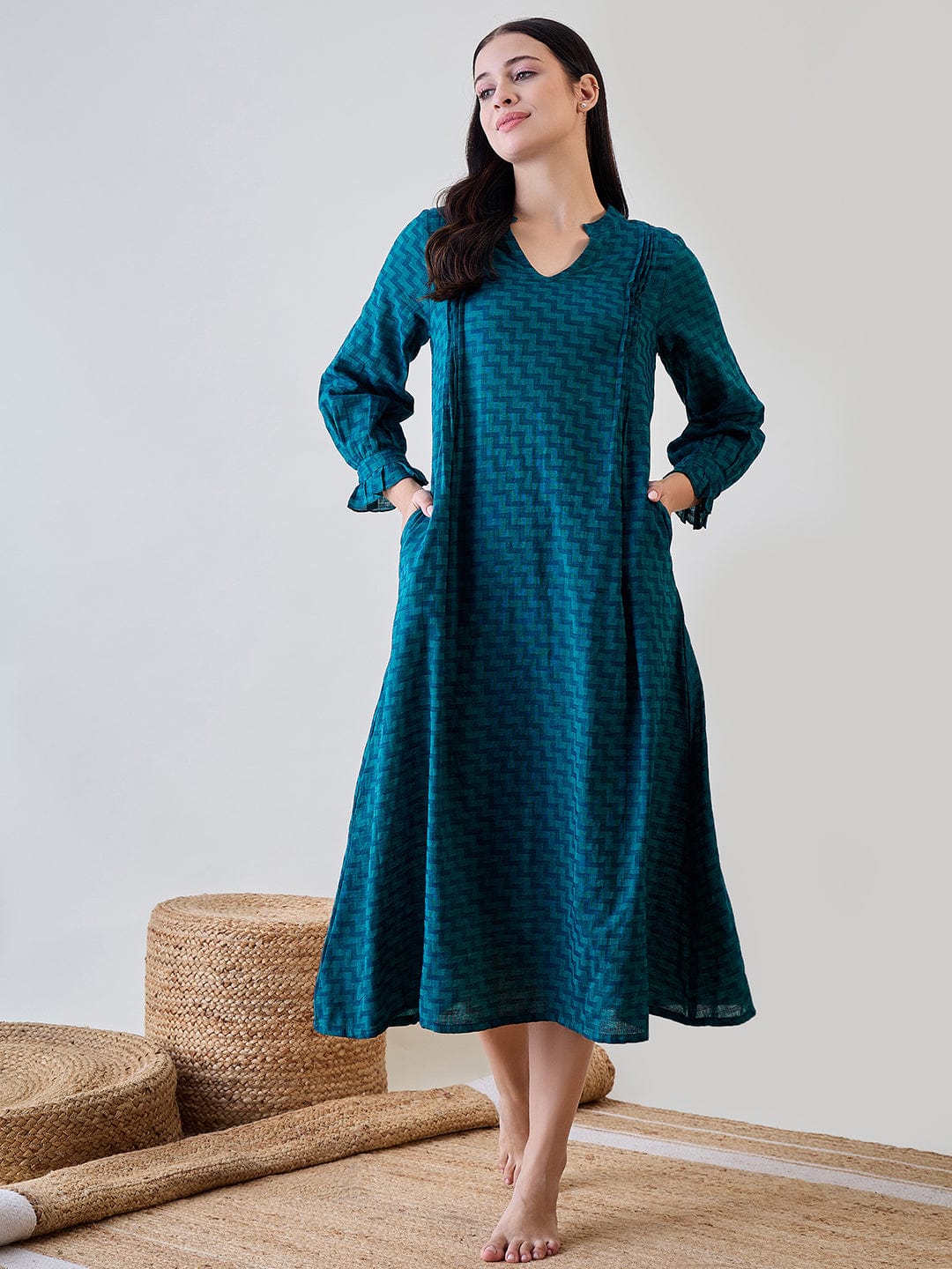 The Kaftan Company Nightdress Blue Zig Zag Printed Cotton Night Dress