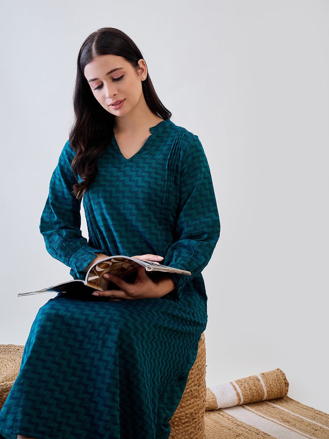 The Kaftan Company Nightdress Blue Zig Zag Printed Cotton Night Dress