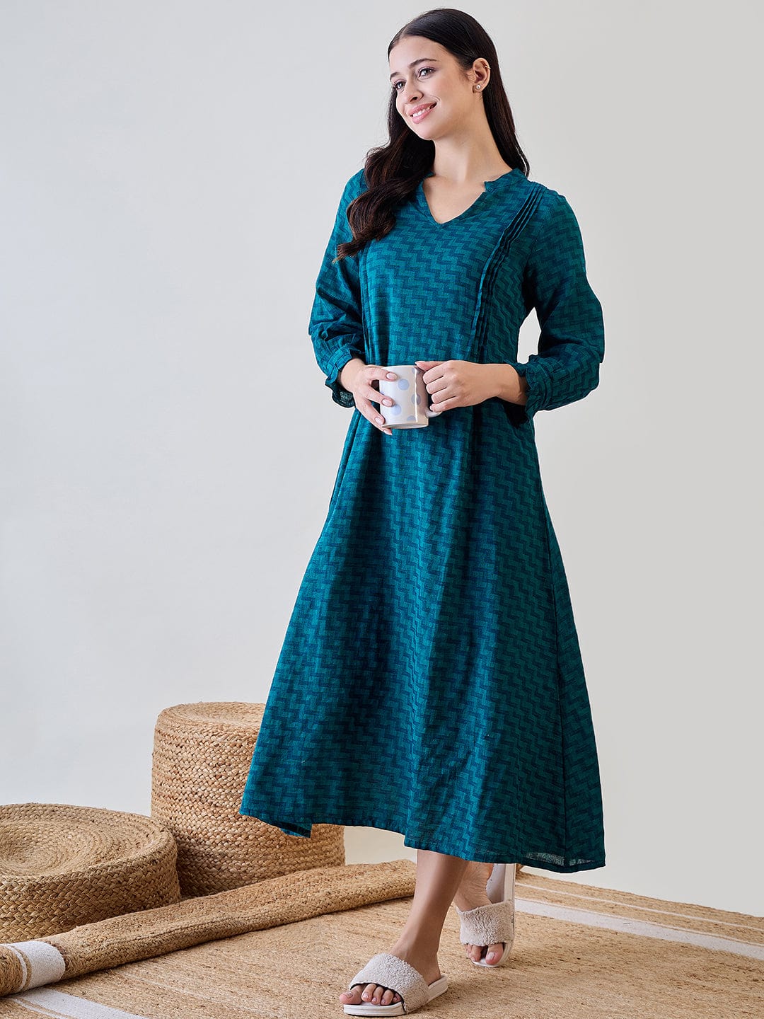 The Kaftan Company Nightdress Blue Zig Zag Printed Cotton Night Dress