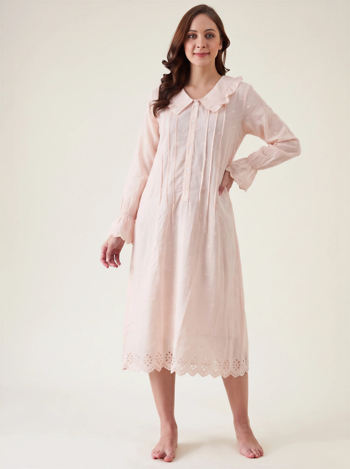 The Kaftan Company Nightdress Blush Pink Nightdress with Ruffle Collar and Lace Hem