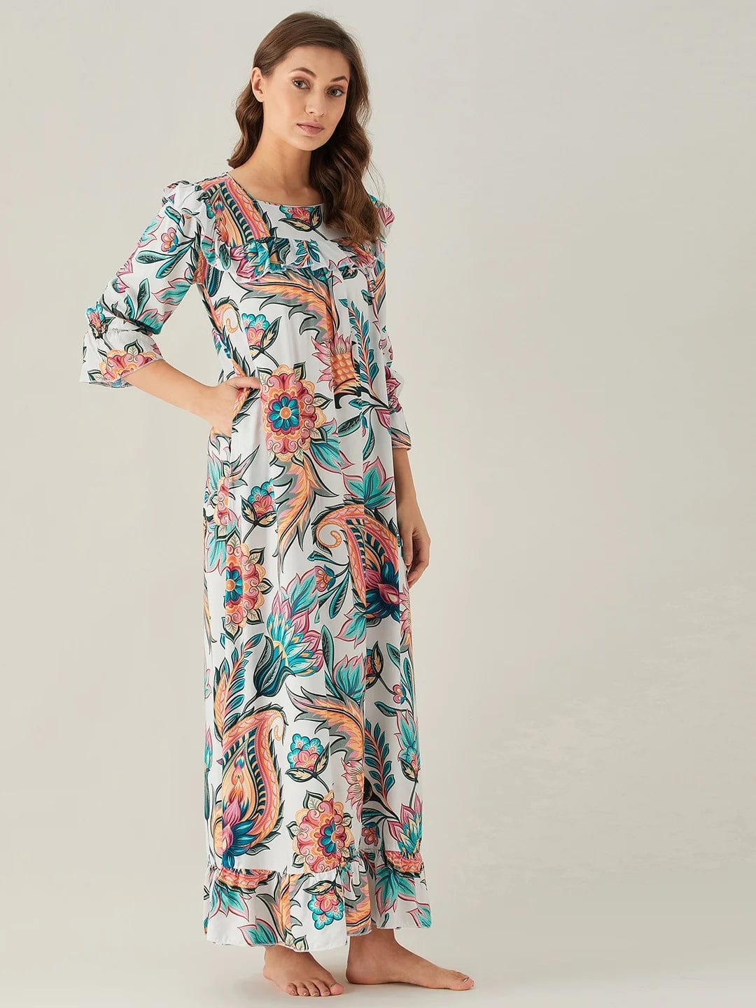 The Kaftan Company Nightdress Bold Floral White Ruffled Nightdress
