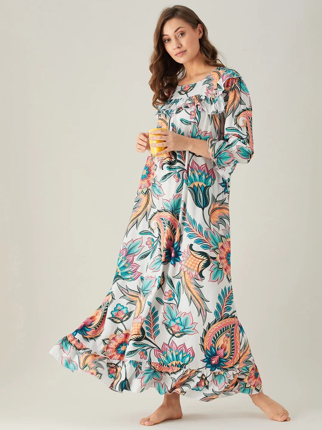The Kaftan Company Nightdress Bold Floral White Ruffled Nightdress