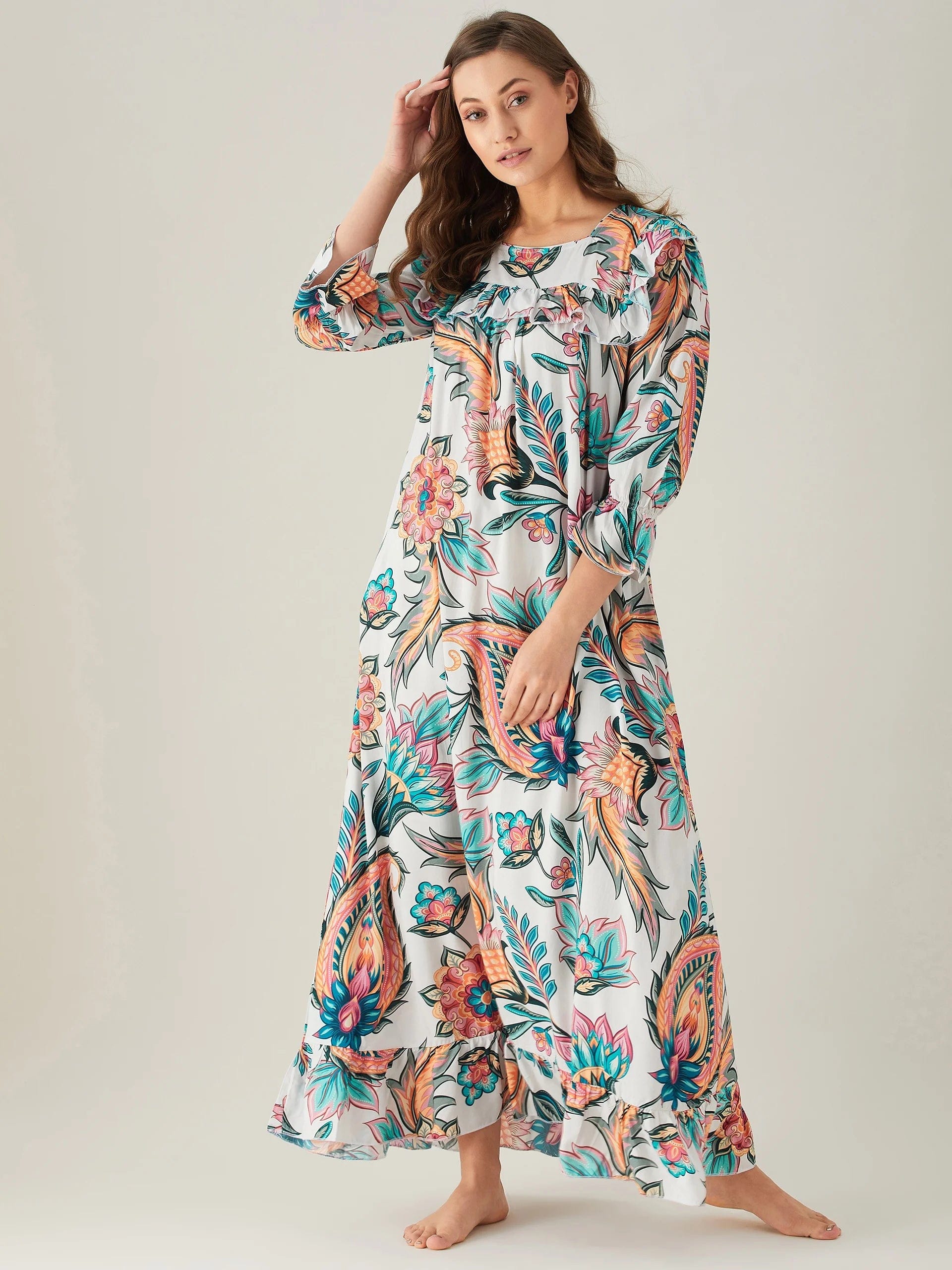 The Kaftan Company Nightdress Bold Floral White Ruffled Nightdress