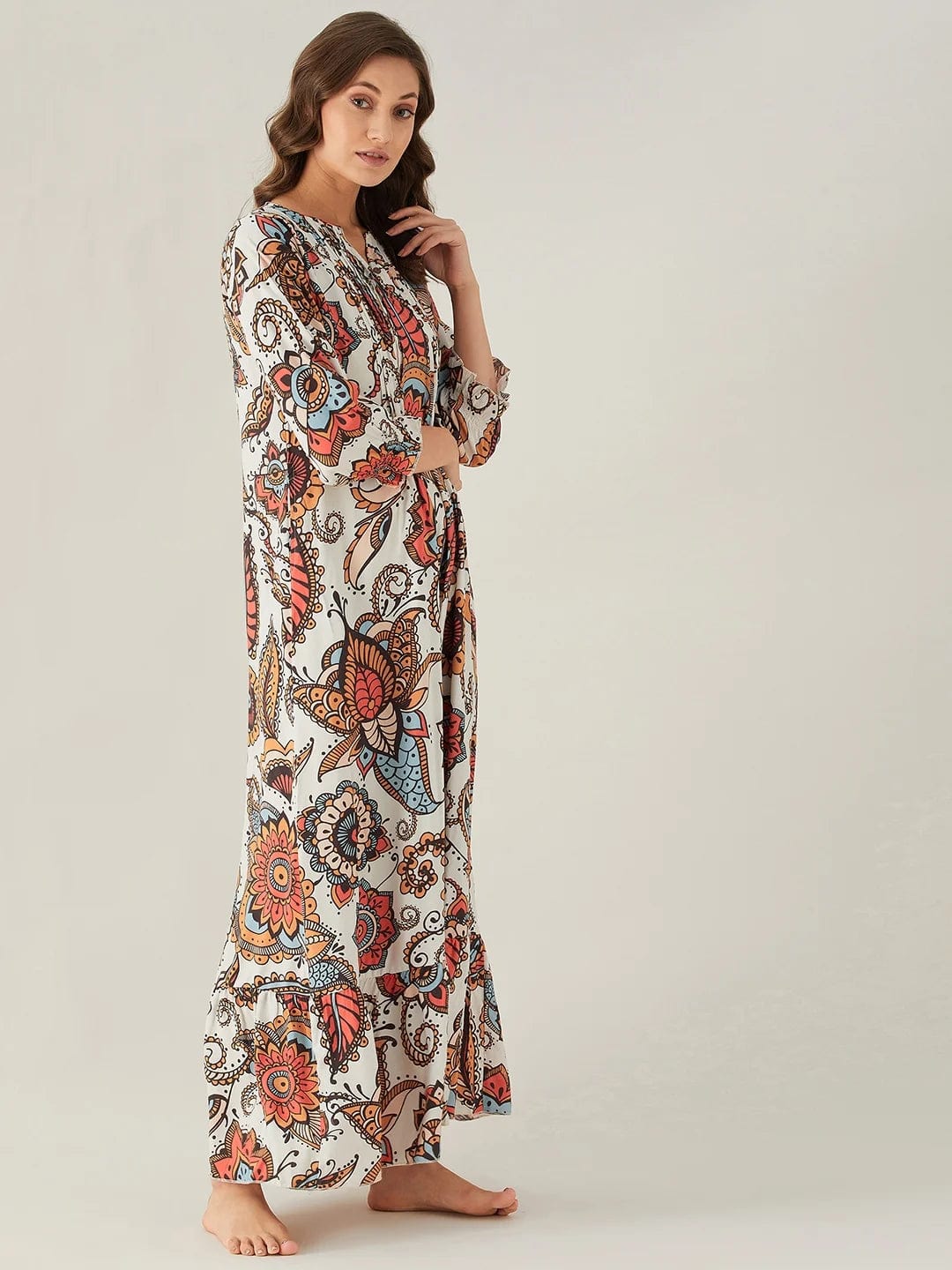 The Kaftan Company Nightdress Bold Paisley White Pintuck Nightdress