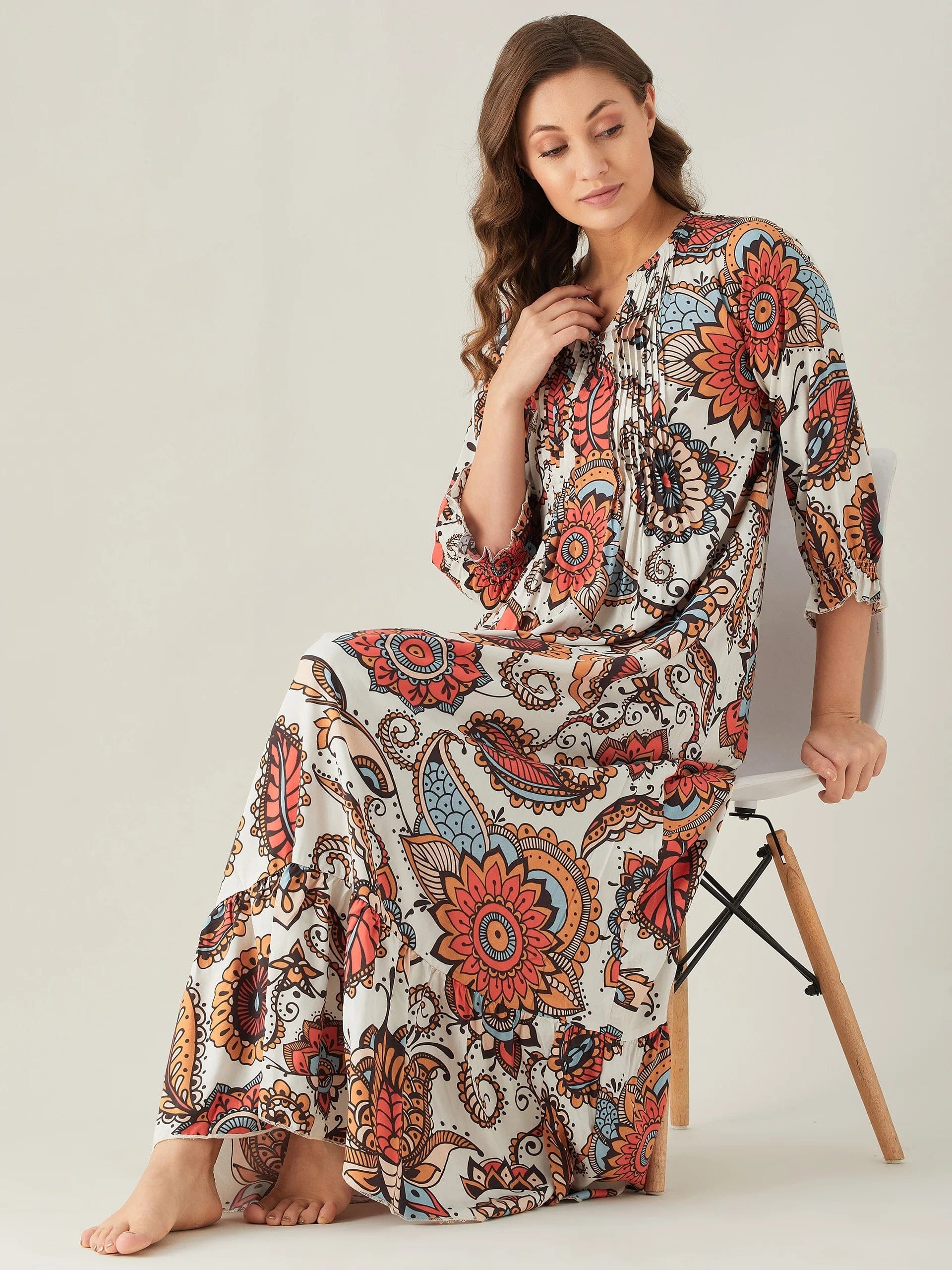 The Kaftan Company Nightdress Bold Paisley White Pintuck Nightdress