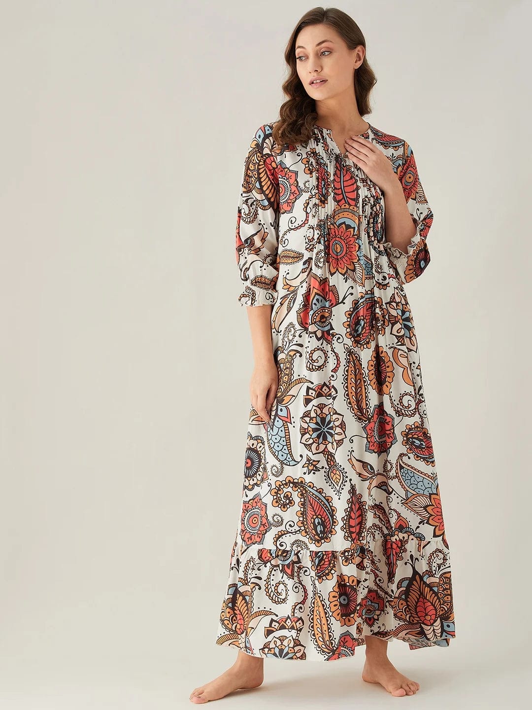 The Kaftan Company Nightdress Bold Paisley White Pintuck Nightdress