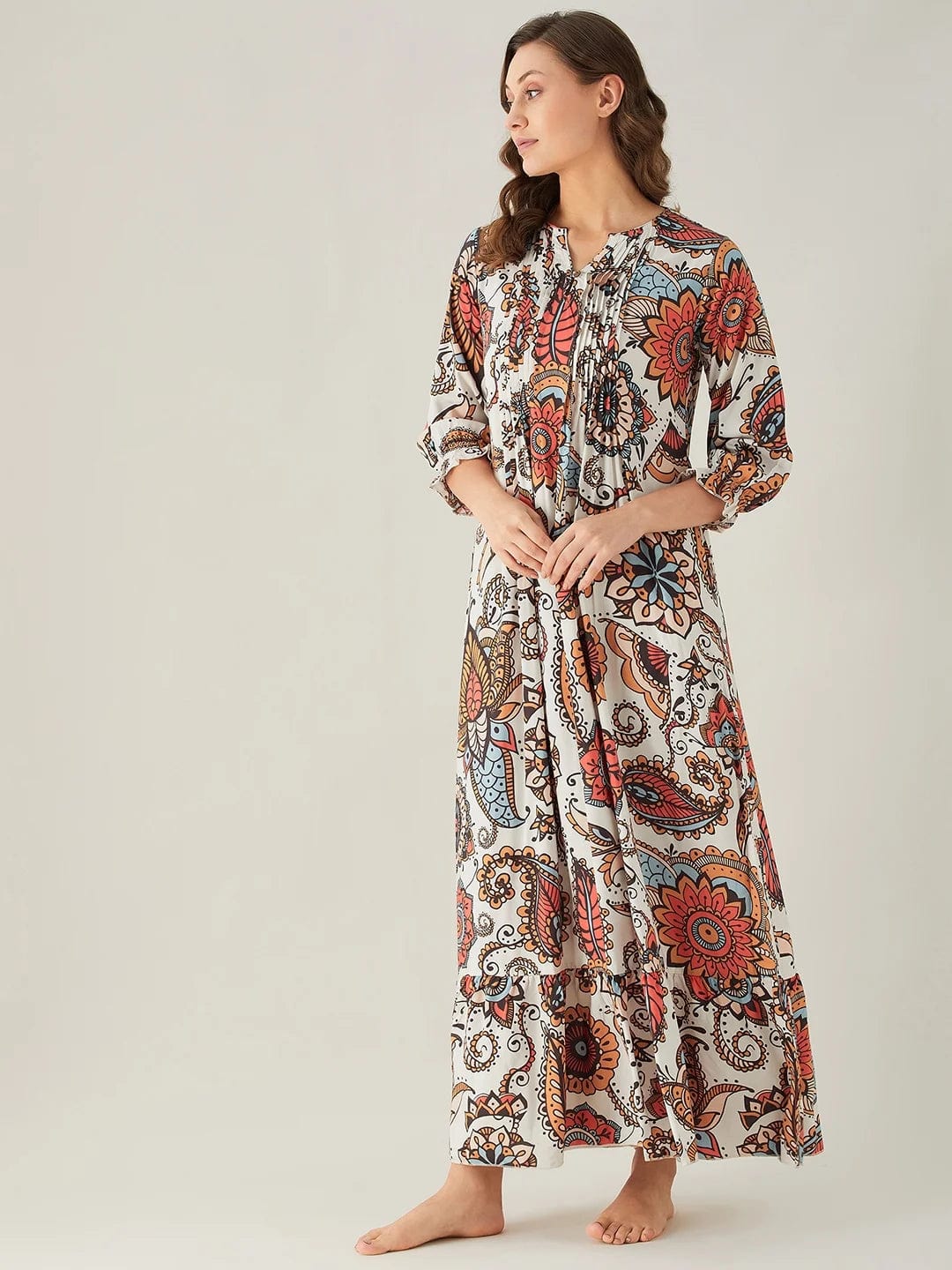 The Kaftan Company Nightdress Bold Paisley White Pintuck Nightdress