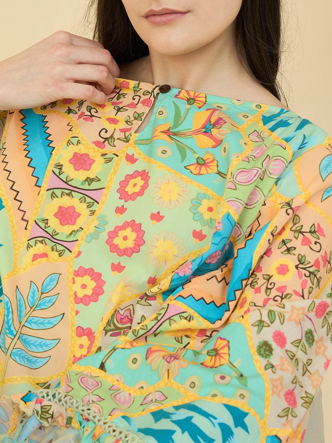 The Kaftan Company Nightdress Bright Patchwork Cotton Viscose Nightdress – Flowy Sleeves & Pockets
