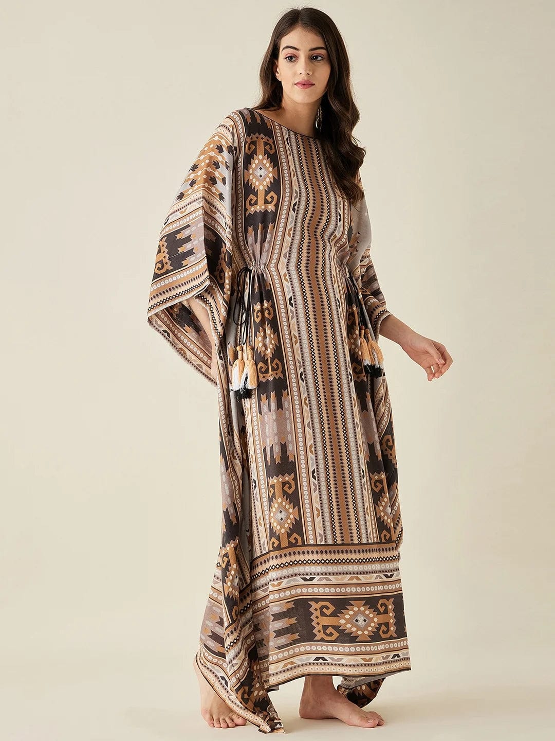 The Kaftan Company Nightdress Brown Aztec Modal Lounge Kaftan