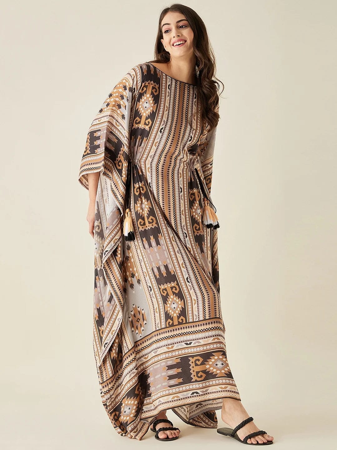 The Kaftan Company Nightdress Brown Aztec Modal Lounge Kaftan