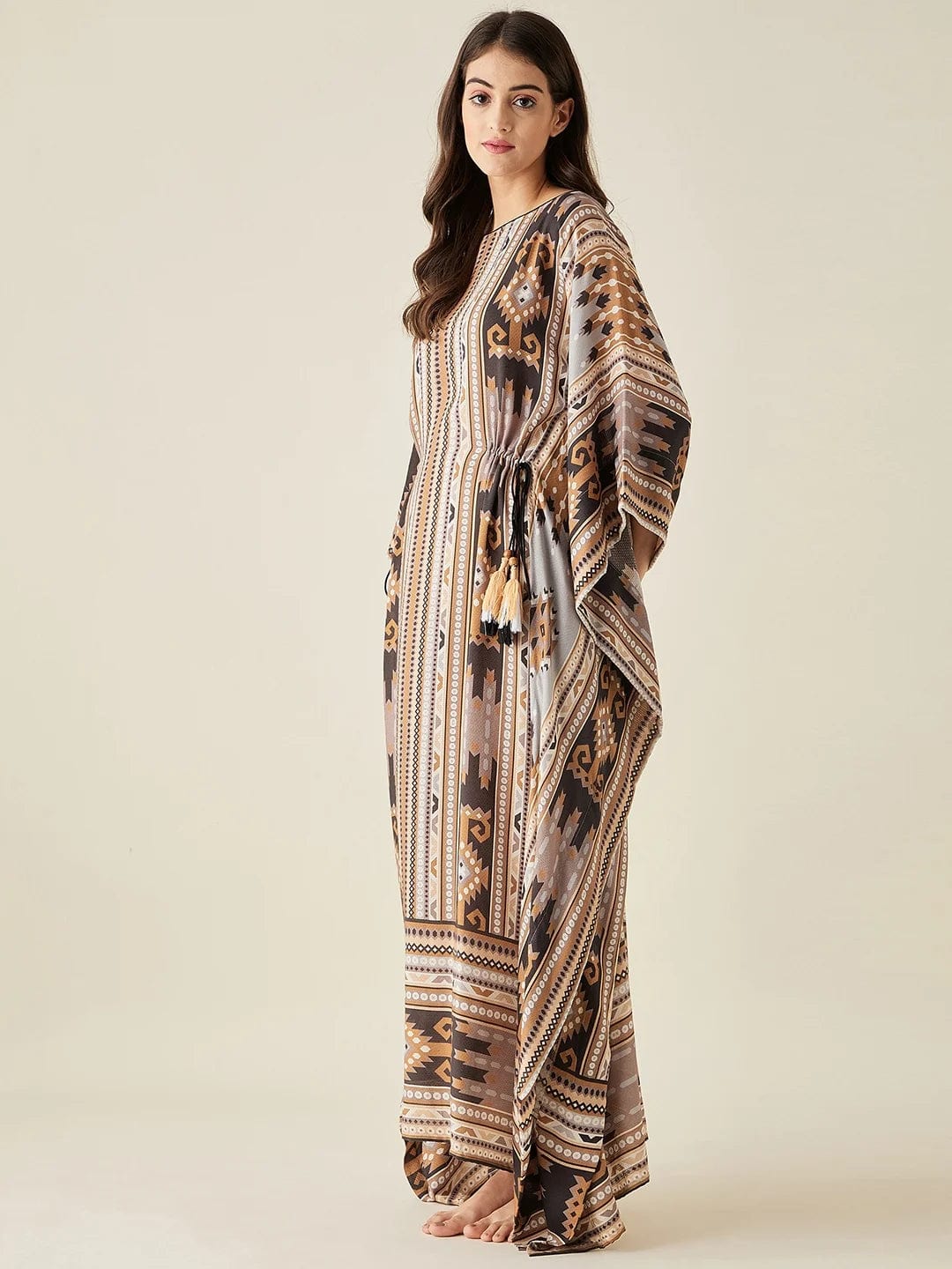 The Kaftan Company Nightdress Brown Aztec Modal Lounge Kaftan
