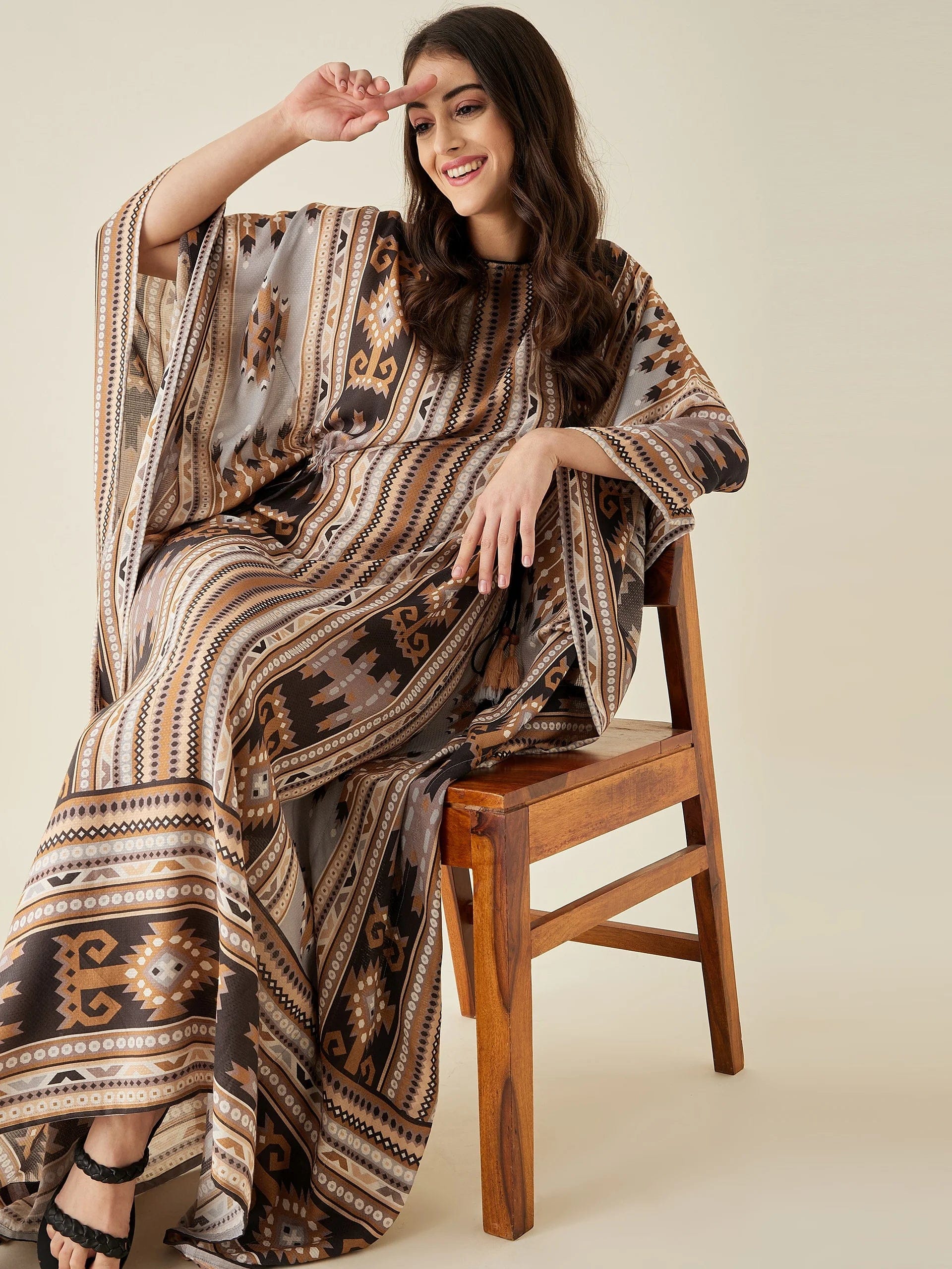 The Kaftan Company Nightdress Brown Aztec Modal Lounge Kaftan