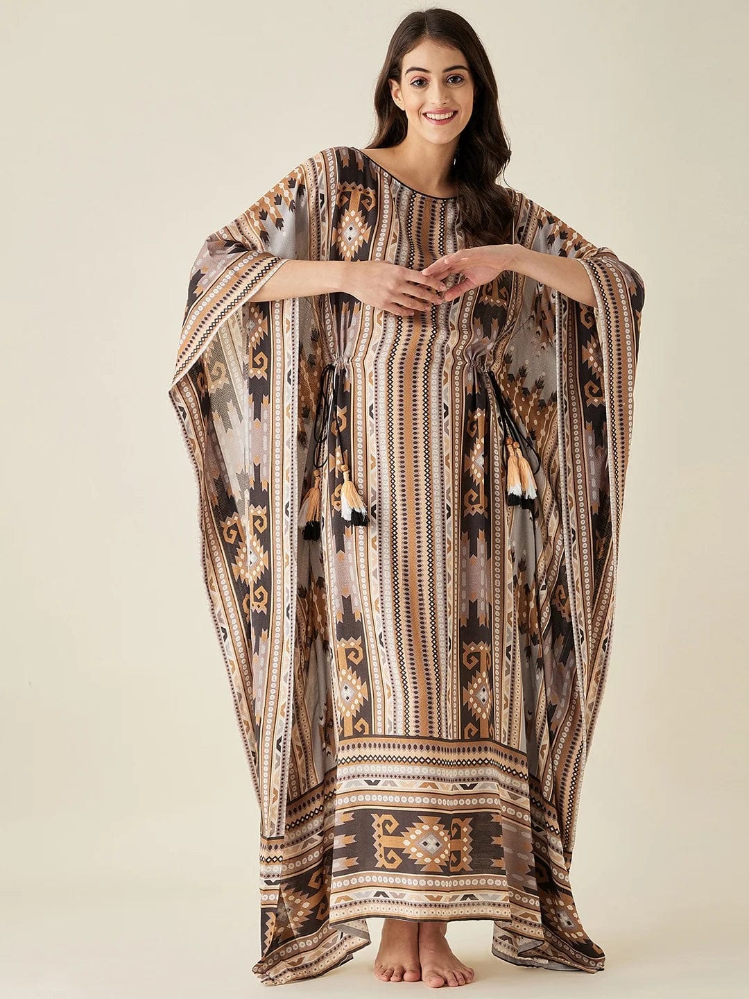 The Kaftan Company Nightdress Brown Aztec Modal Lounge Kaftan
