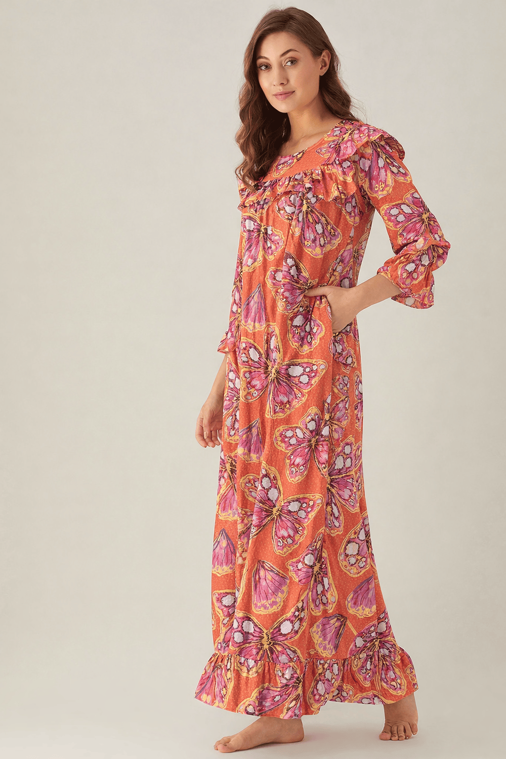 The Kaftan Company Nightdress Butterfly Print Modal Nightdress with Ruffle Yoke