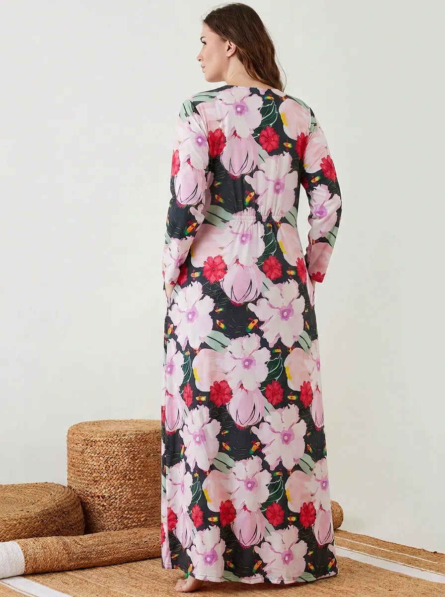 The Kaftan Company Nightdress Charcoal Floral Print Cotton Nightdress with Tassel Tie Neckline