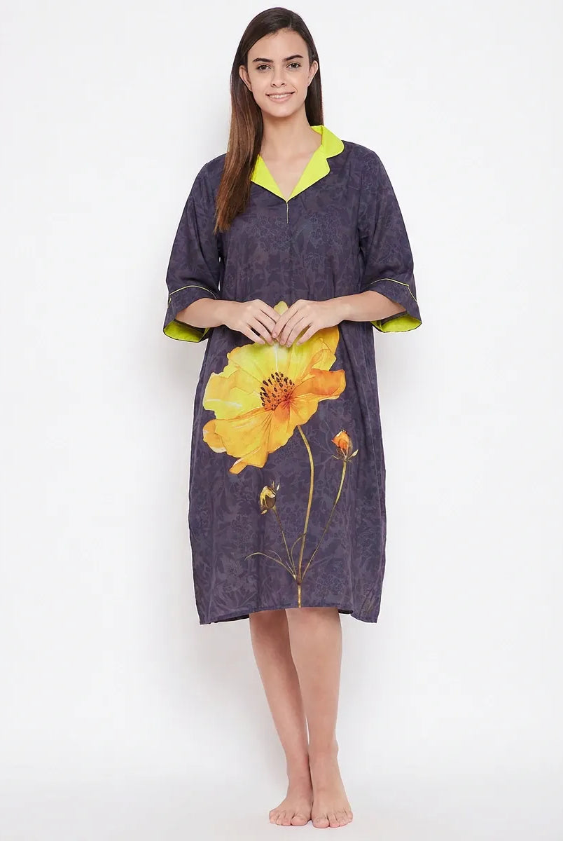 The Kaftan Company Nightdress Charcoal Purple Floral Print Nightdress with Yellow Collar