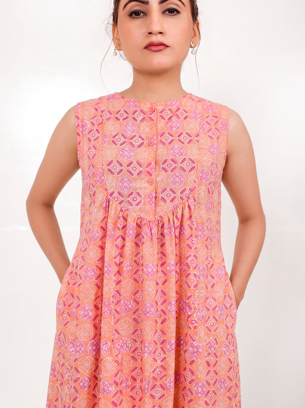 The Kaftan Company Nightdress Coral Bandhani Print Nightdress with Pockets