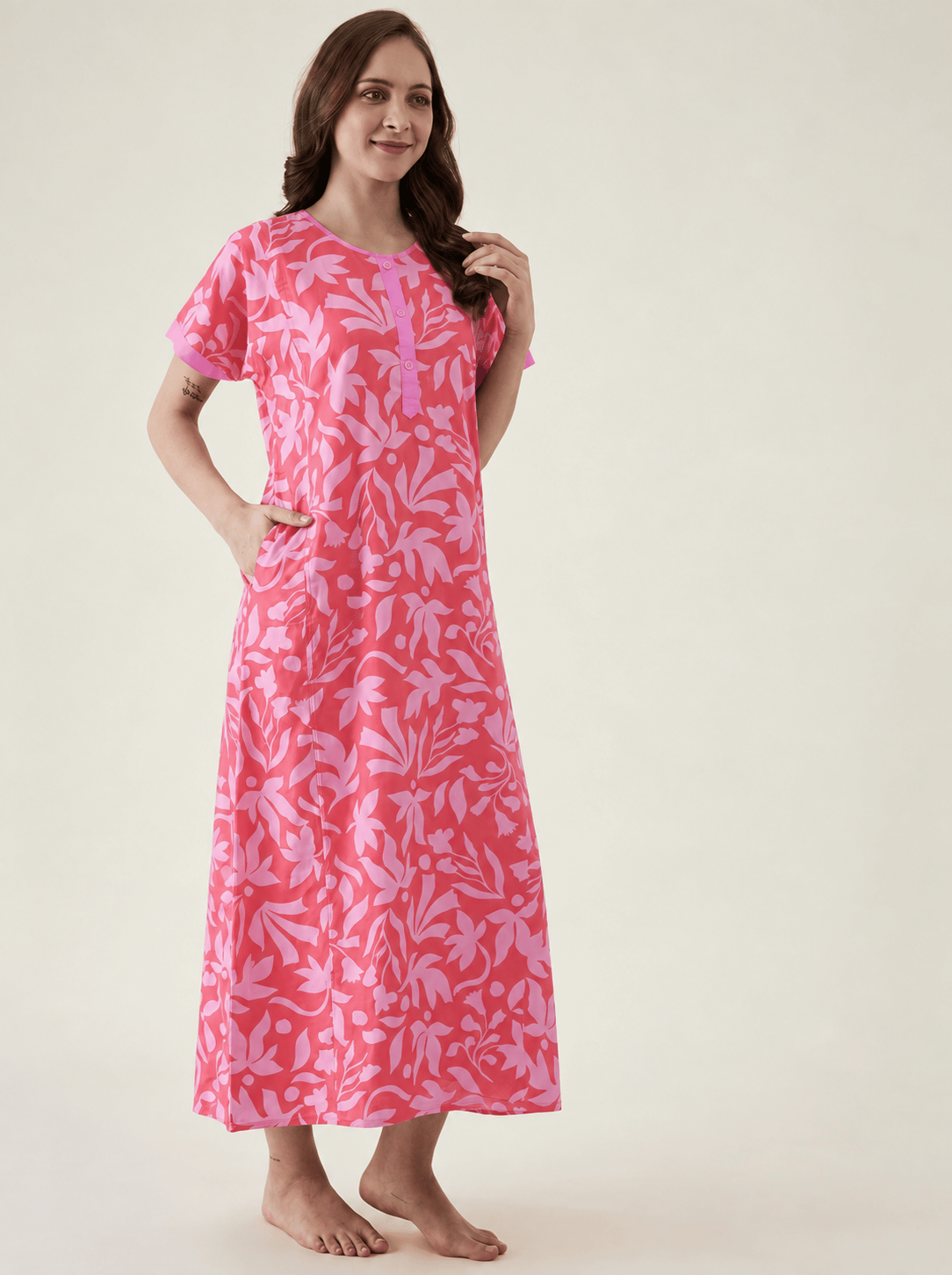 The Kaftan Company Nightdress Coral Pink Leaf Print Cotton Nightdress with Button Placket
