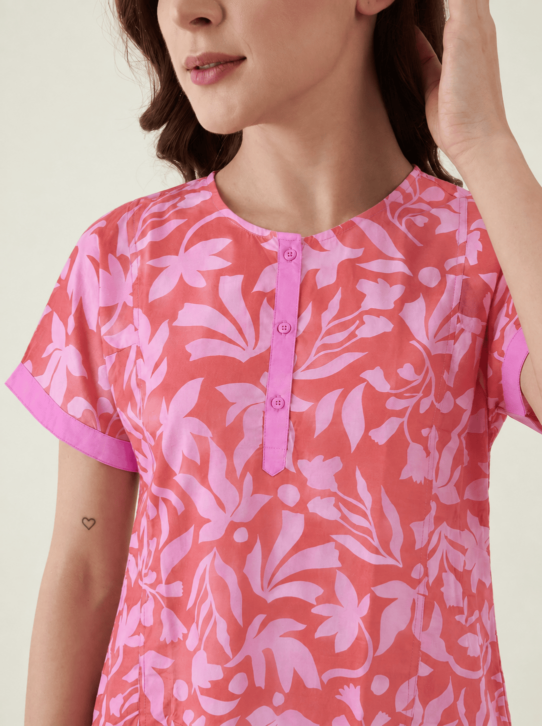 The Kaftan Company Nightdress Coral Pink Leaf Print Cotton Nightdress with Button Placket