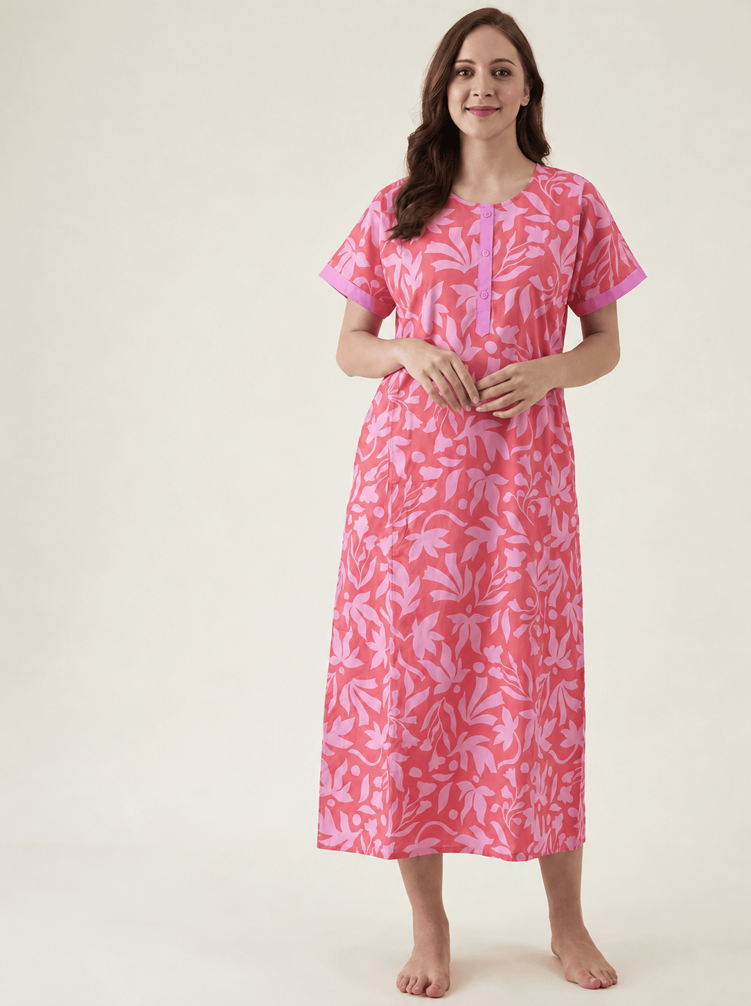 The Kaftan Company Nightdress Coral Pink Leaf Print Cotton Nightdress with Button Placket