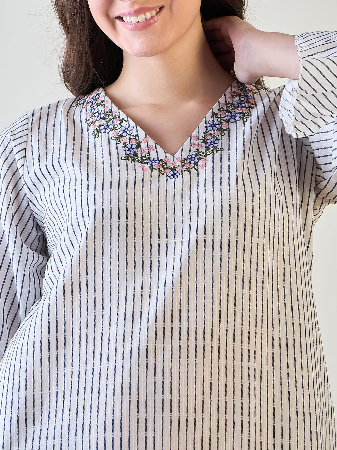 The Kaftan Company Nightdress Cotton Nightdress with Chic Stripes and Embroidery