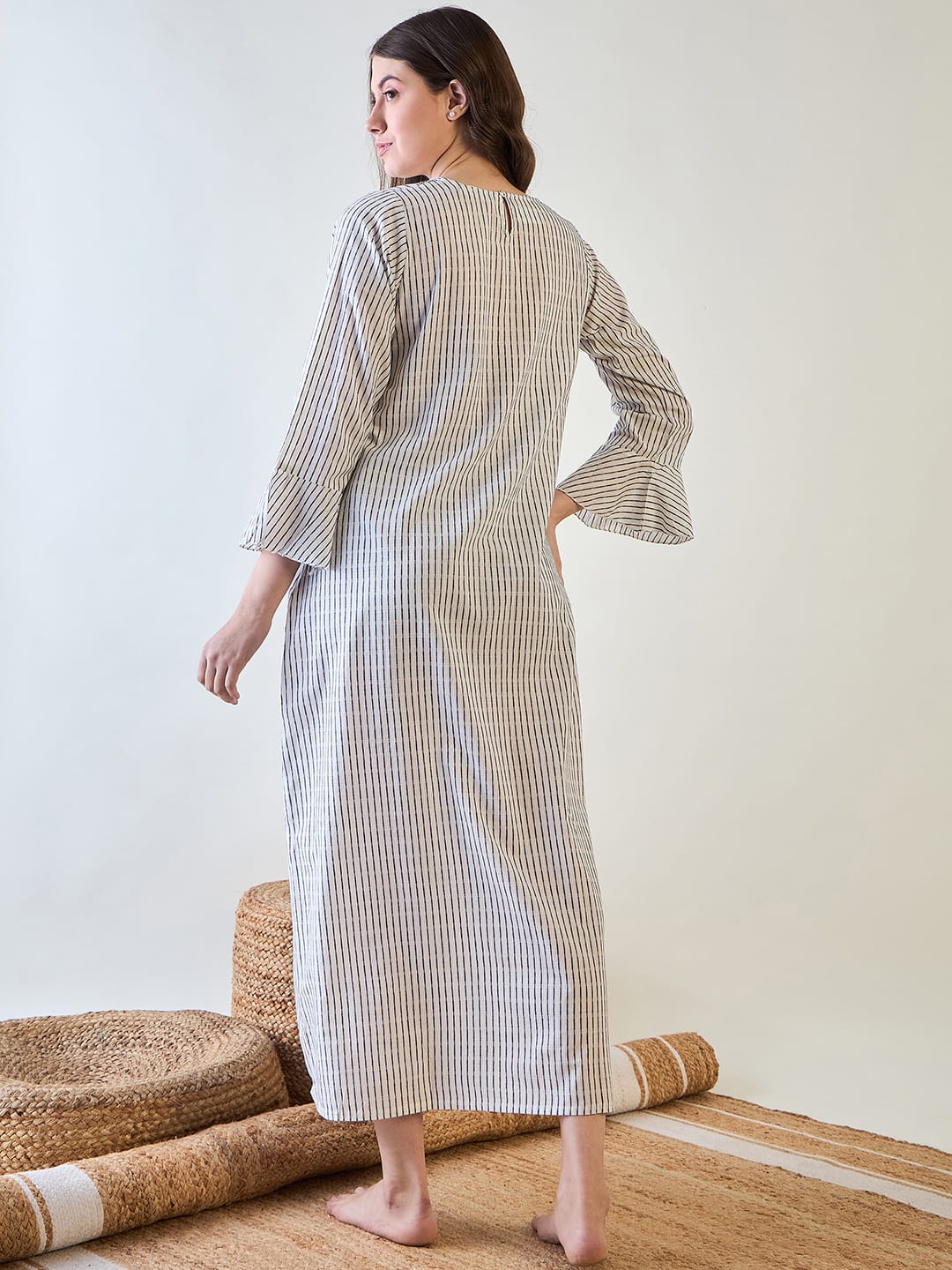 The Kaftan Company Nightdress Cotton Nightdress with Chic Stripes and Embroidery