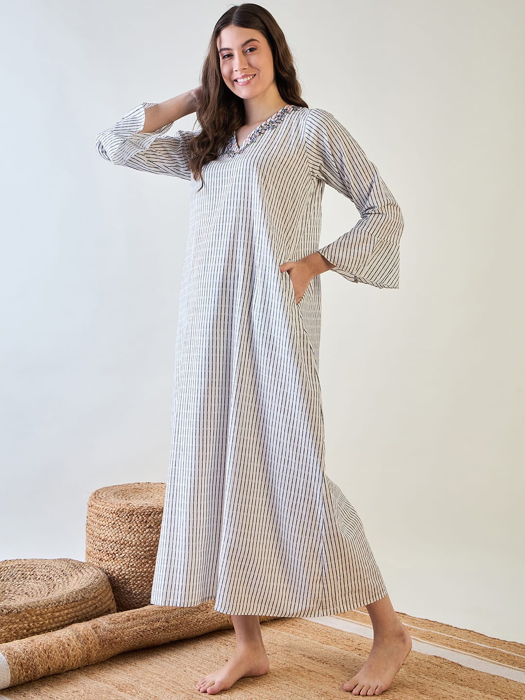 The Kaftan Company Nightdress Cotton Nightdress with Chic Stripes and Embroidery
