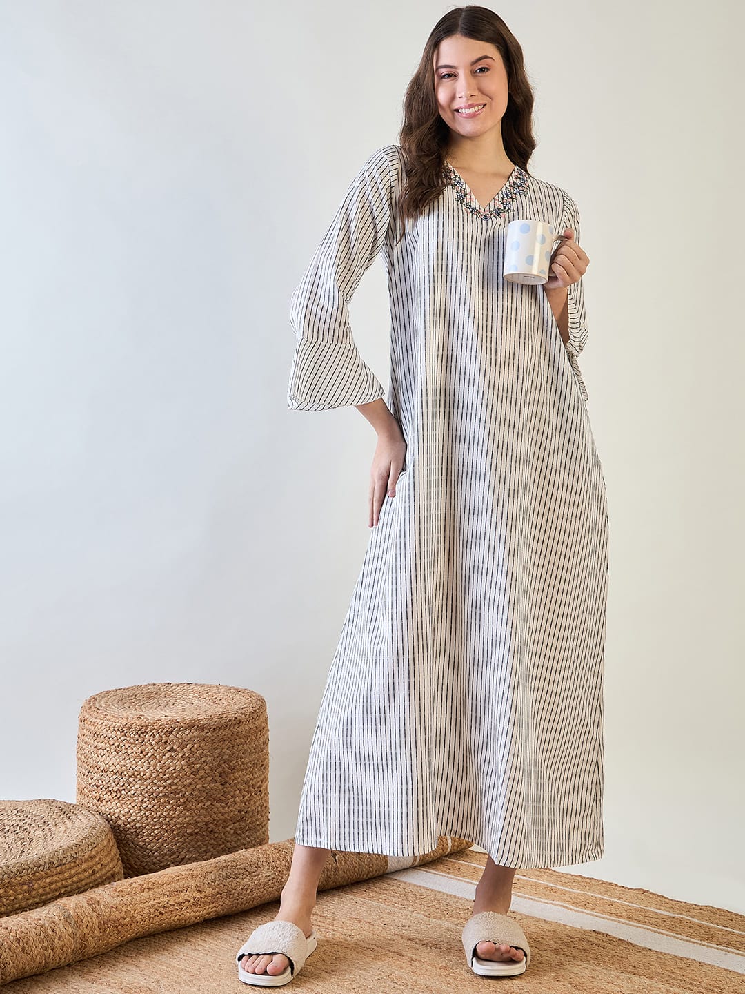 The Kaftan Company Nightdress Cotton Nightdress with Chic Stripes and Embroidery