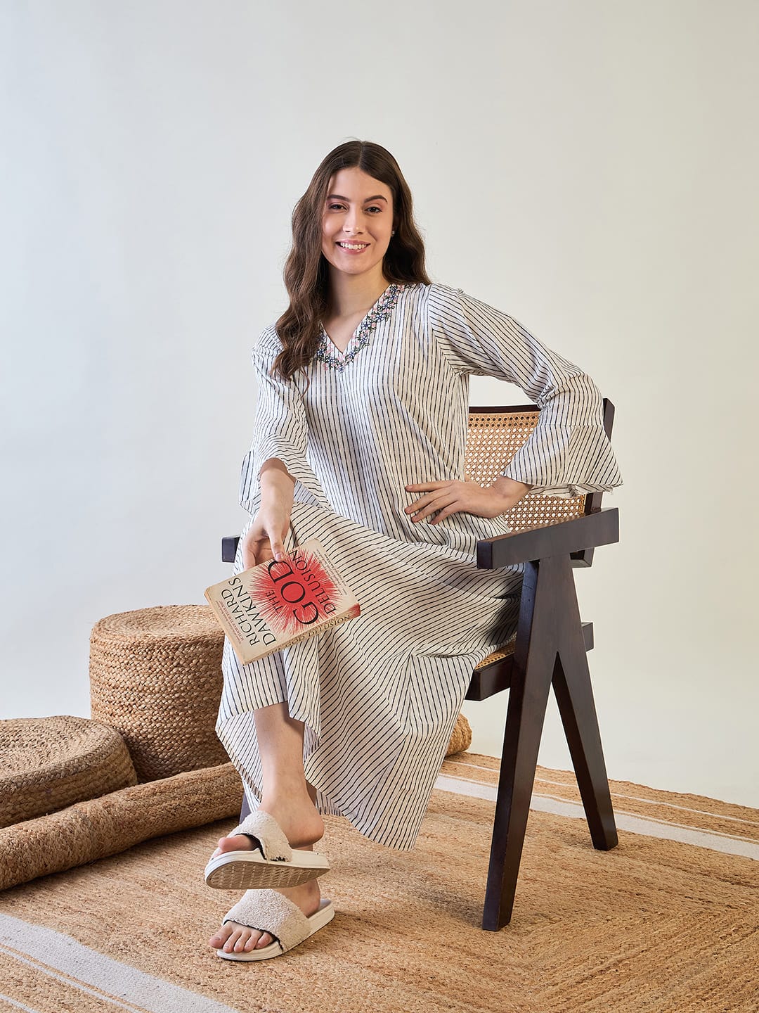 The Kaftan Company Nightdress Cotton Nightdress with Chic Stripes and Embroidery