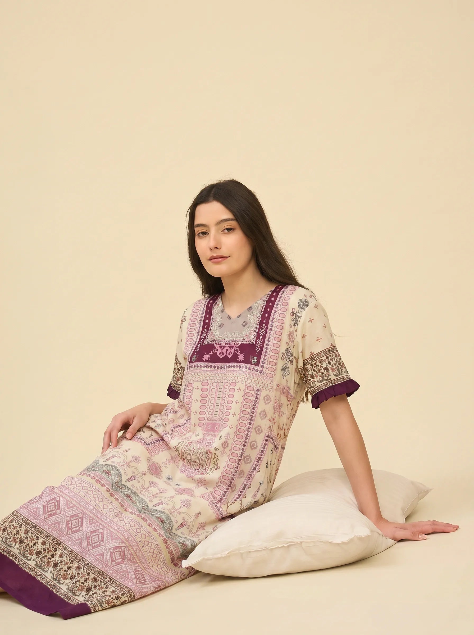 The Kaftan Company Nightdress Cream & Plum Ethnic Print Cotton Nightdress with Pockets