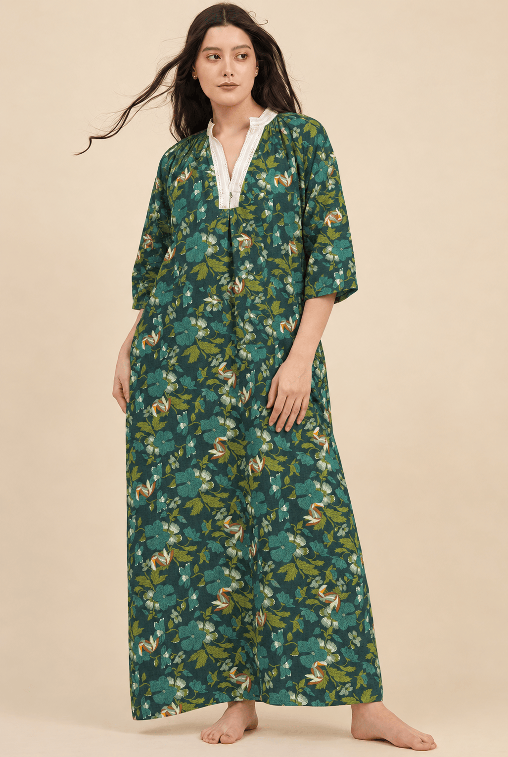 The Kaftan Company Nightdress Dark Green Botanical Print Linen Maxi Nightdress