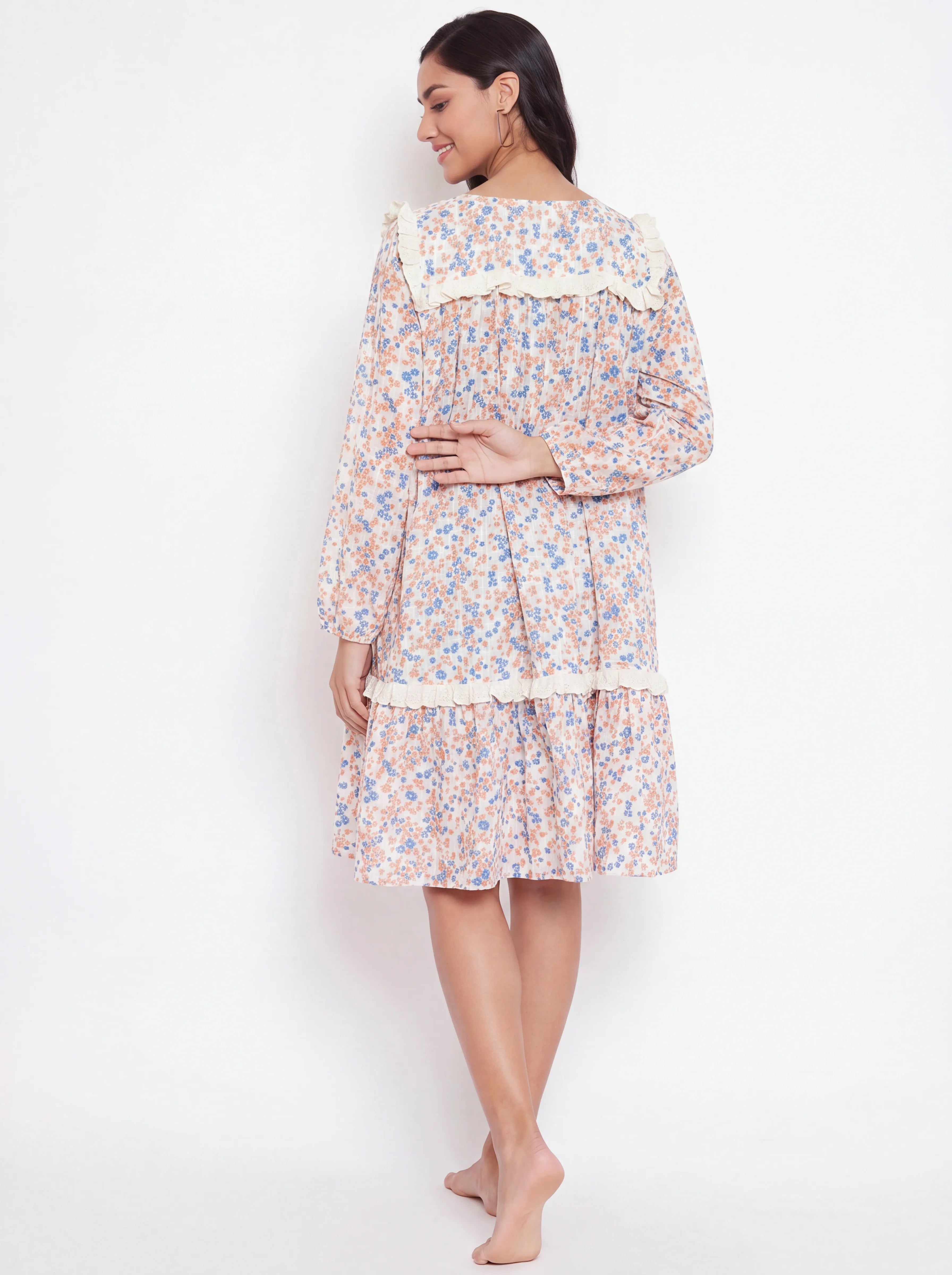 The Kaftan Company Nightdress Ditsy Floral Print Short Cotton Nightdress with Lace Trim