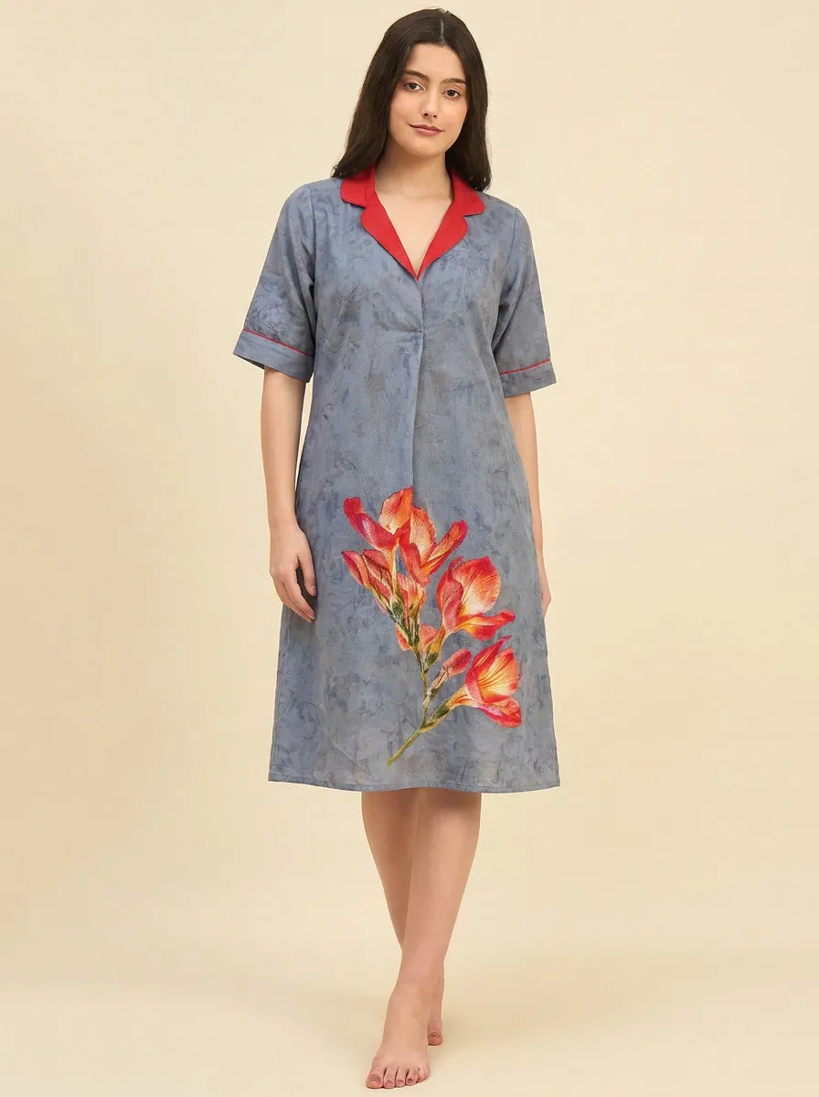 The Kaftan Company Nightdress Dusty Blue Tie-Dye Print Nightdress with Red Contrast Collar