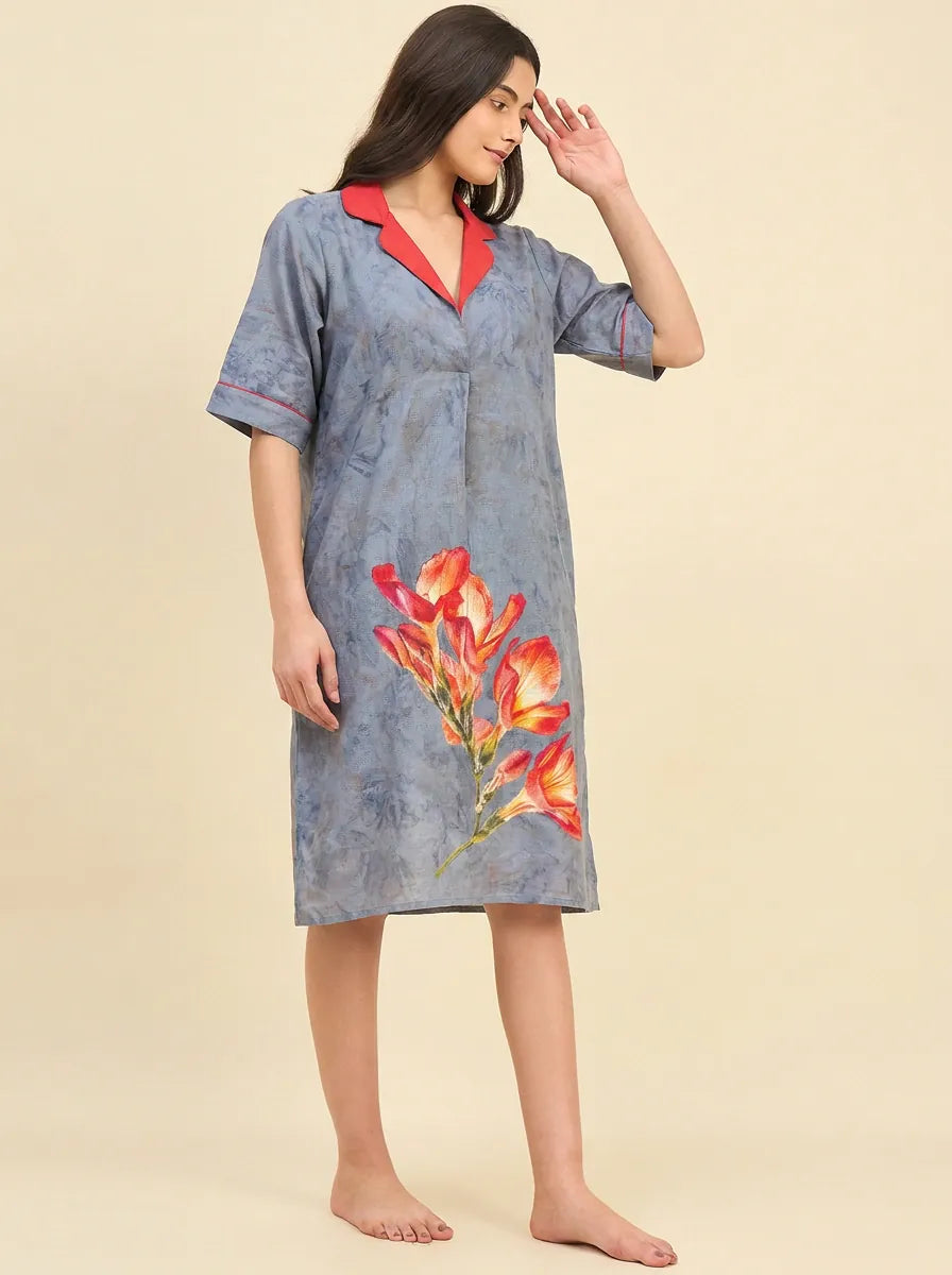 The Kaftan Company Nightdress Dusty Blue Tie-Dye Print Nightdress with Red Contrast Collar