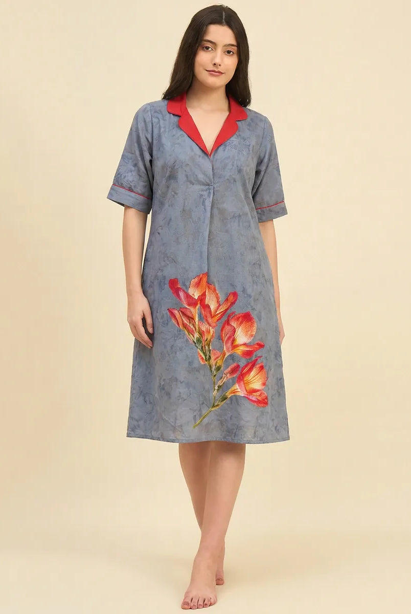 The Kaftan Company Nightdress Dusty Blue Tie-Dye Print Nightdress with Red Contrast Collar