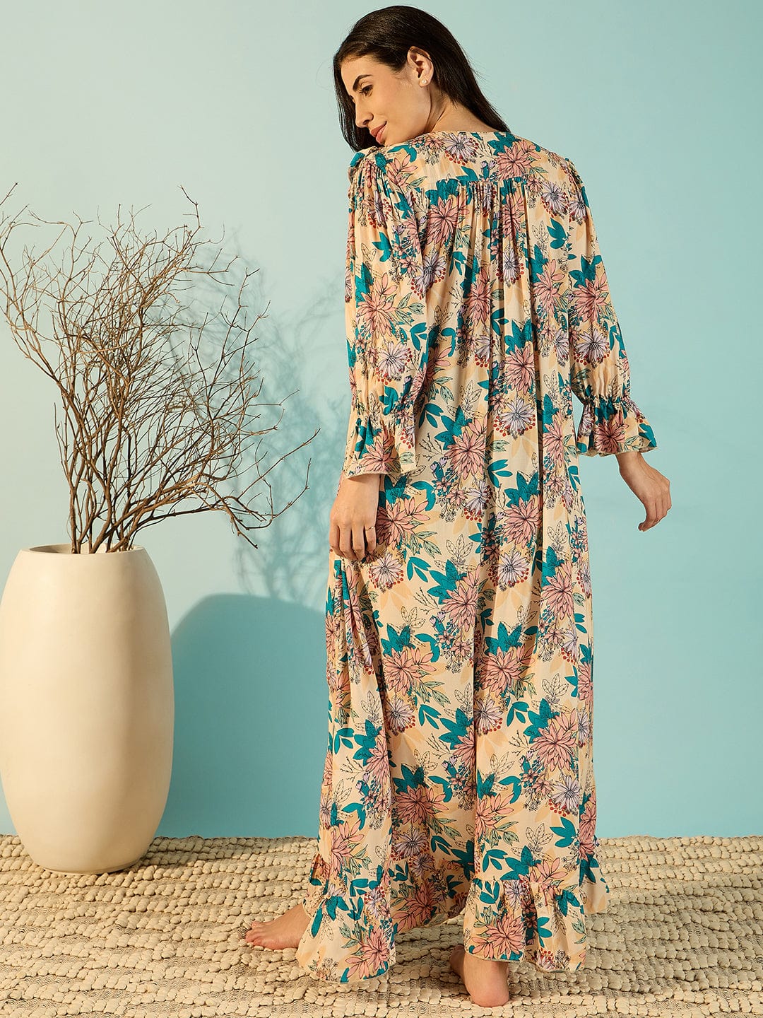 The Kaftan Company Nightdress Floral Mix Soft Modal Frilled Night Dress For Women