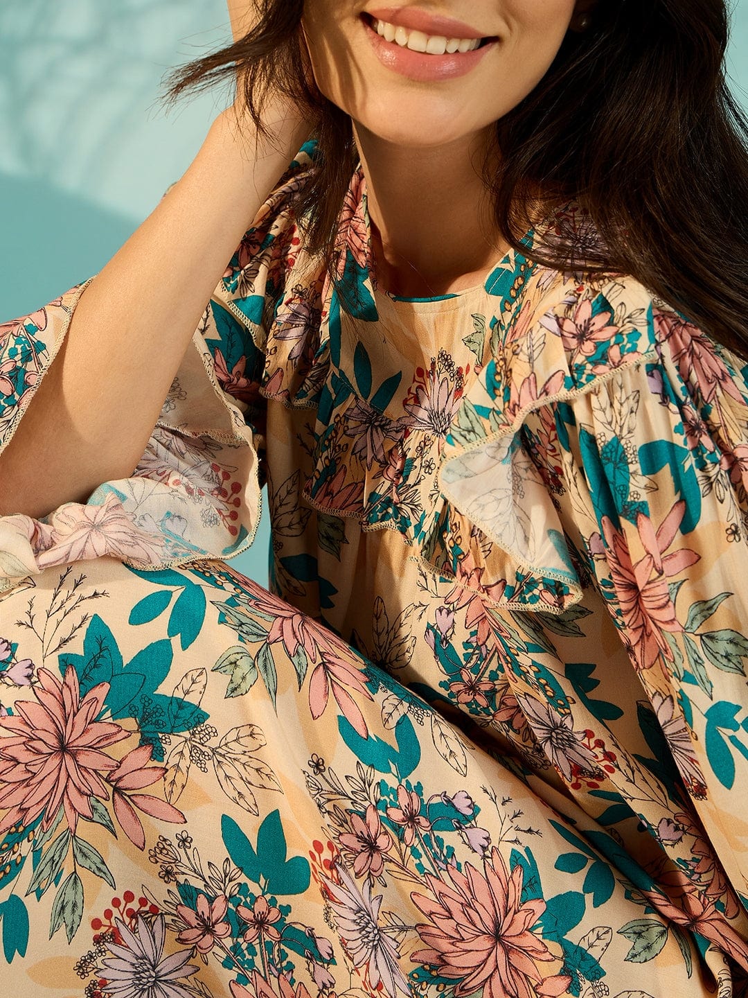 The Kaftan Company Nightdress Floral Mix Soft Modal Frilled Night Dress For Women