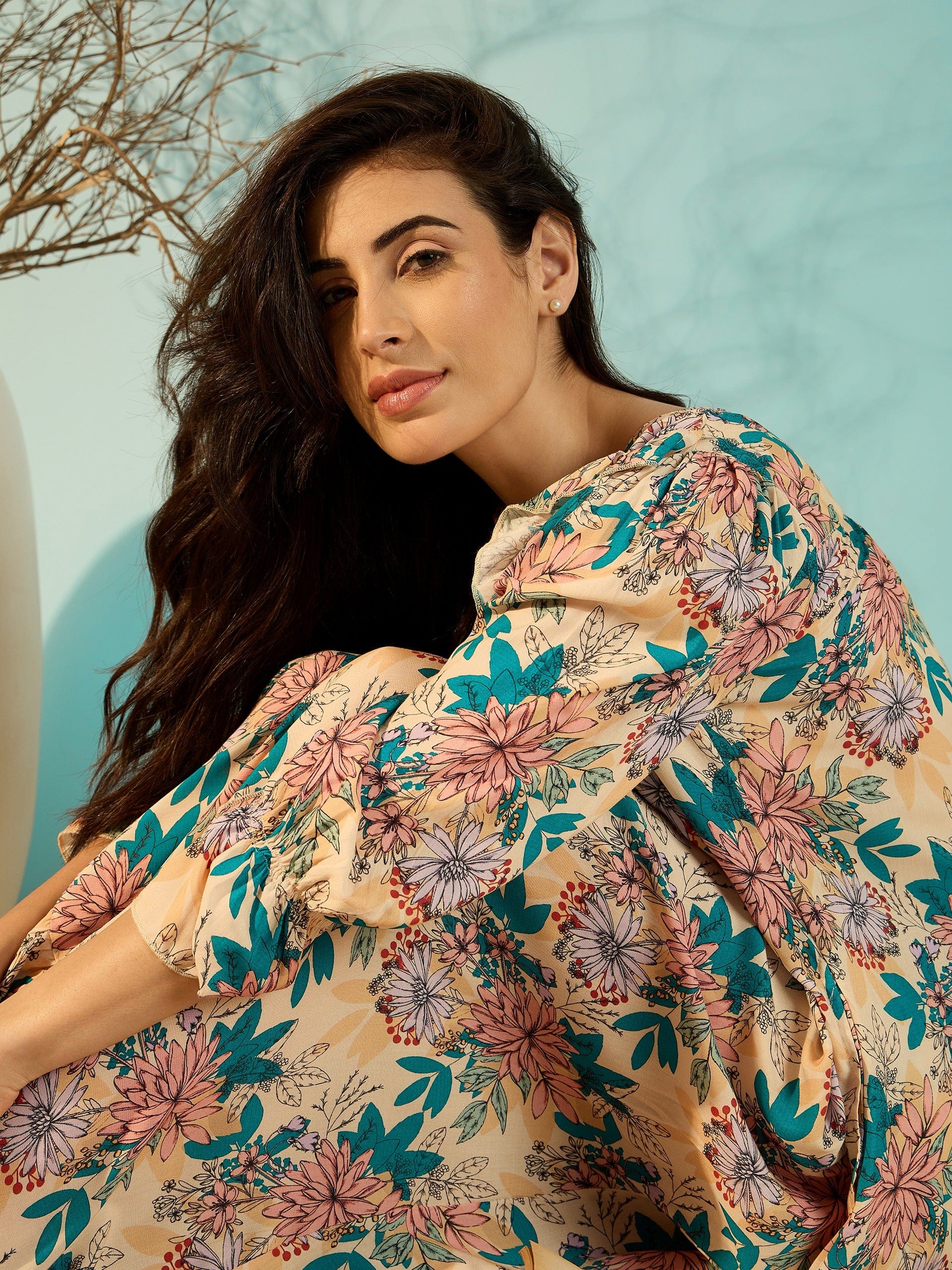 The Kaftan Company Nightdress Floral Mix Soft Modal Frilled Night Dress For Women