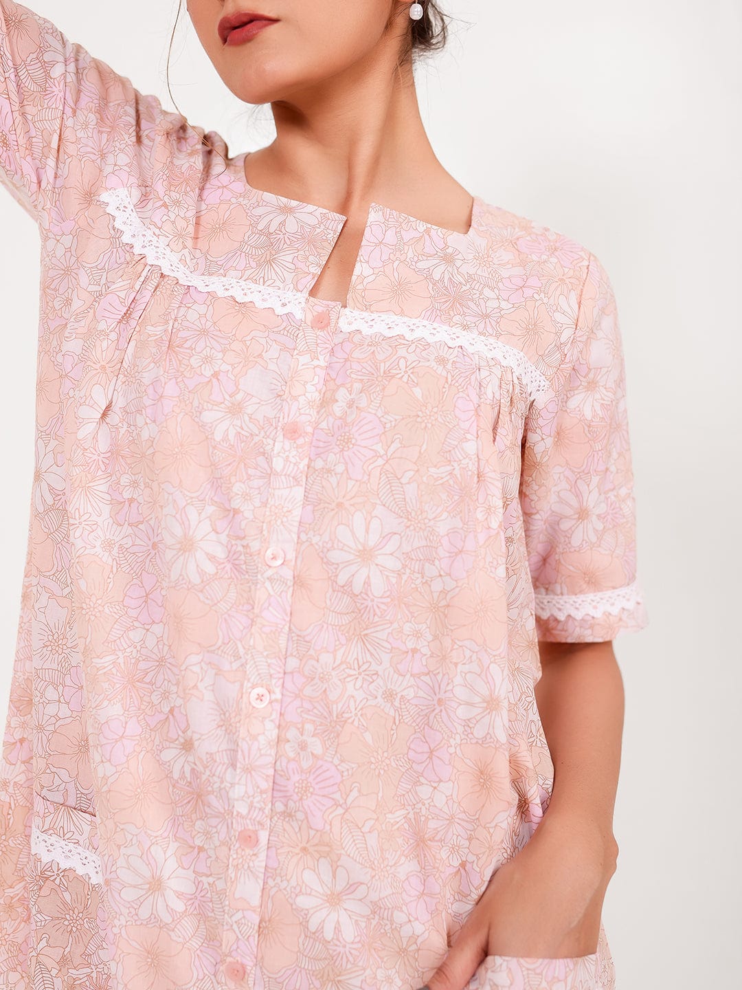 The Kaftan Company Nightdress Floral Peach Cotton Nightdress with Button Front